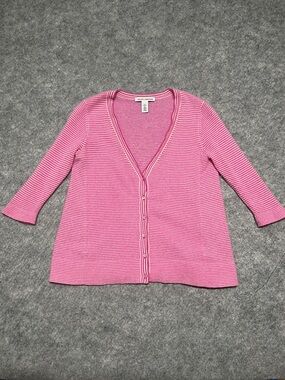 Autumn Cashmere Pink Striped V-Neck Button Cardigan Cropped Sleeve